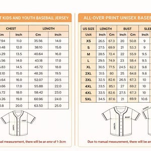 Puede incluir: Tablas de tallas detalladas para camisetas de b&eacute;isbol con estampado integral, incluyendo tallas juveniles y unisex. Medidas en pulgadas y cent&iacute;metros para pecho y largo. Tambi&eacute;n incluye medidas de manga y hombro.