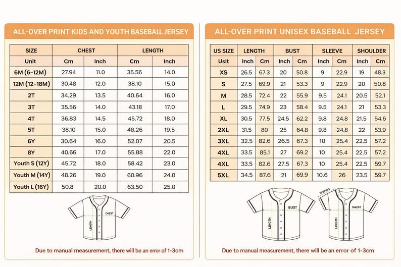 Puede incluir: Tablas de tallas detalladas para camisetas de b&eacute;isbol con estampado integral, incluyendo tallas juveniles y unisex. Medidas en pulgadas y cent&iacute;metros para pecho y largo. Tambi&eacute;n incluye medidas de manga y hombro.