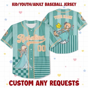 May include: A teal and light green striped baseball jersey featuring the character Rosalina, the name Rosalina in script, the number 00, and a yellow star. The back displays the text YOUR NAME and a graphic of Rosalina with a yellow star.