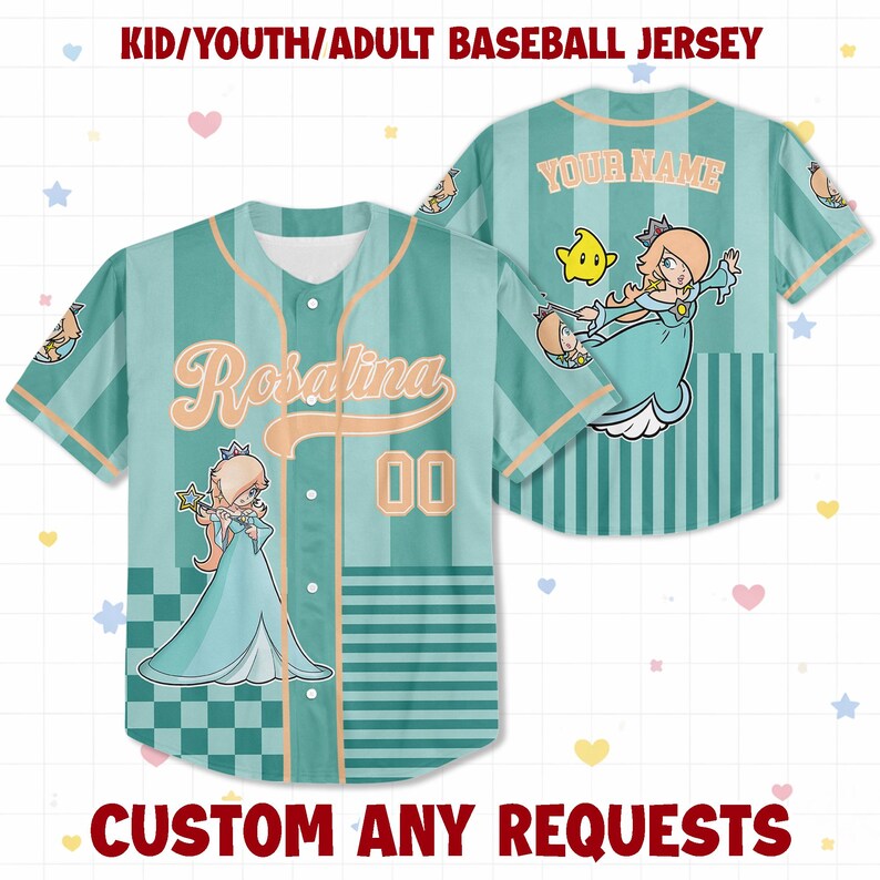 May include: A teal and light green striped baseball jersey featuring the character Rosalina, the name Rosalina in script, the number 00, and a yellow star. The back displays the text YOUR NAME and a graphic of Rosalina with a yellow star.