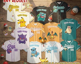 Camiseta de béisbol de cumpleaños de Poke: camiseta familiar a juego con dibujos animados de Pika, regalo de fiesta retro para niños