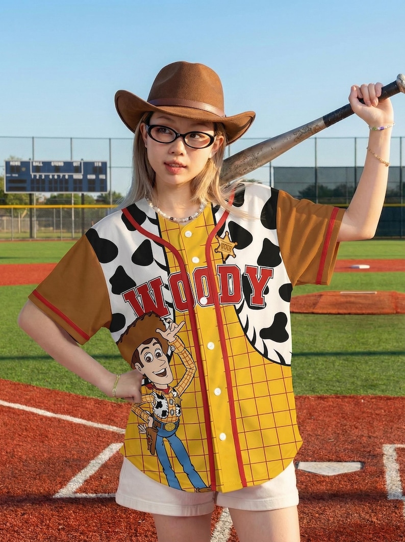 May include: A yellow baseball jersey with a Woody cartoon design. The jersey has brown sleeves and a red trim. The front features the word "WOODY" in red letters and a cartoon image of Woody. The jersey is worn with a brown cowboy hat.