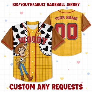 May include: Yellow baseball jersey with brown sleeves and a grid pattern. Features a cartoon of Woody, the word "WOODY", and the text "YOUR NAME" and the number "00". The jersey also has the text "KID/YOUTH/ADULT BASEBALL JERSEY" and "CUSTOM ANY REQUESTS".