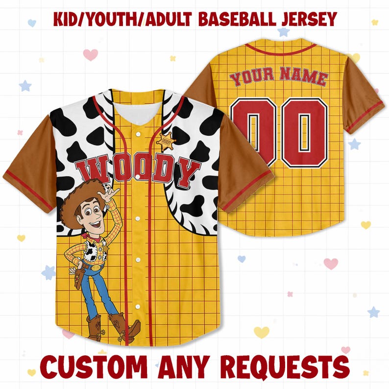 May include: Yellow baseball jersey with brown sleeves and a grid pattern. Features a cartoon of Woody, the word "WOODY", and the text "YOUR NAME" and the number "00". The jersey also has the text "KID/YOUTH/ADULT BASEBALL JERSEY" and "CUSTOM ANY REQUESTS".