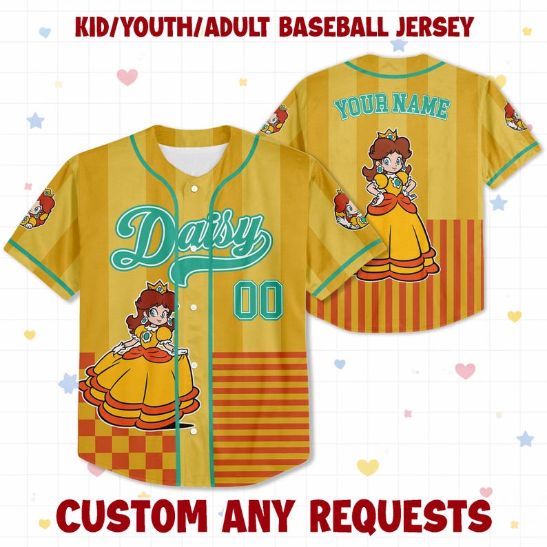 May include: A yellow baseball jersey featuring vertical stripes, a button-down front, and the name Daisy in teal script. The front displays the number 00 and a graphic of Princess Daisy. The back includes the text YOUR NAME and a Princess Daisy graphic.