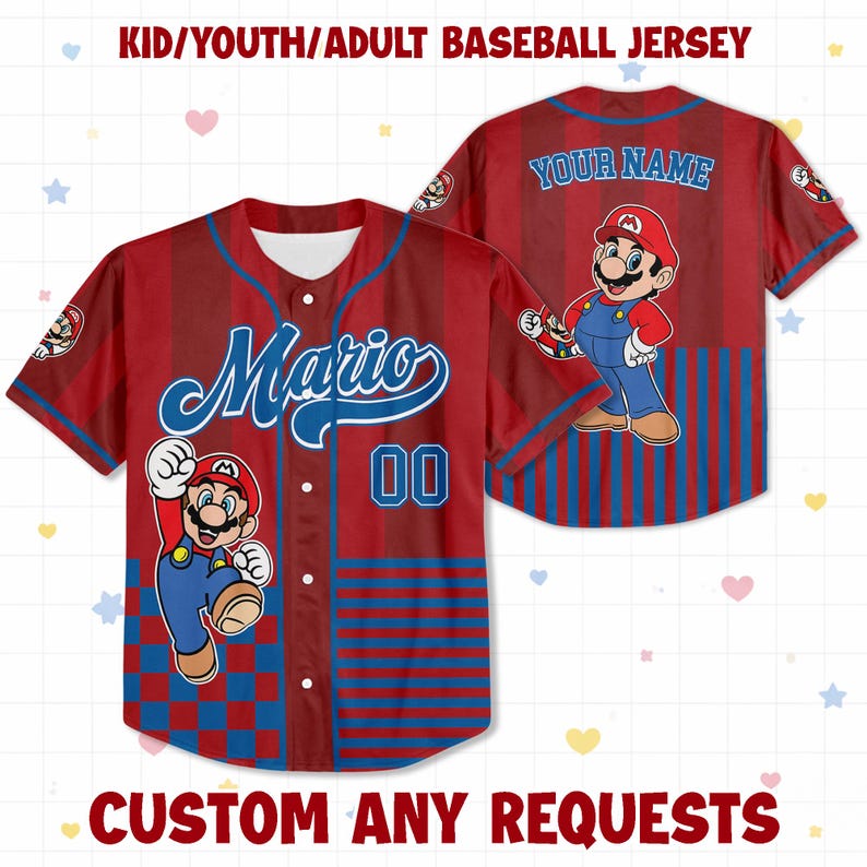May include: A red and blue baseball jersey featuring a graphic of Mario, the text Mario, the number 00, and the text Your Name. The front has a button-down closure, while the back displays the character and customizable name text.