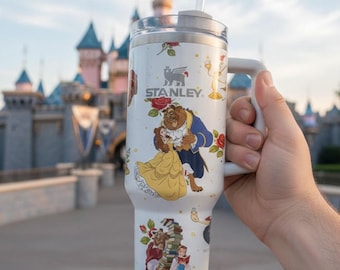 Vaso de 40 oz de La Bella y la Bestia con tapa y pajita