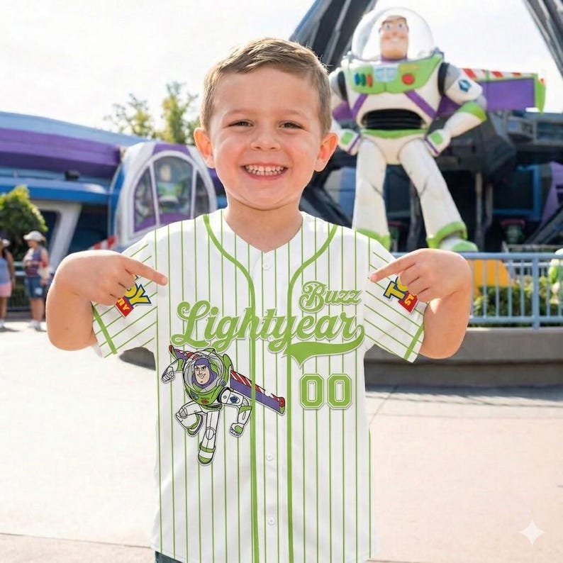 Op de afbeelding: Een wit en groen gestreept honkbalshirt met de groene woorden "Lightyear" en "Buzz", en een afbeelding van Buzz Lightyear. Het shirt heeft het nummer "00". Een kind draagt het shirt.