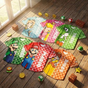 May include: Five short-sleeved button-down jerseys featuring characters from the Super Mario franchise. Each jersey displays a character graphic on the left and a checkered pattern with the character's name on the right in blue, pink, green, red, and orange.