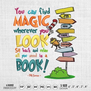 Read Across America Embroidery Download, Reading Week Embroidery Digital, Funny Cartoon Embroidery, Reading Day Embroidery Design
