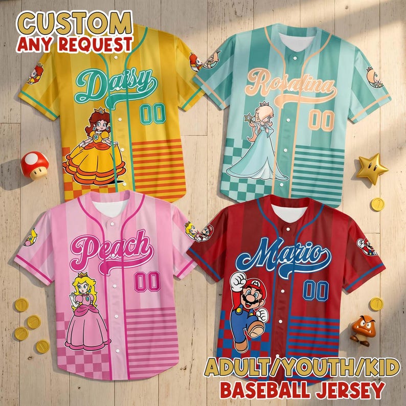 Custom Name Mario Galaxy Character Jersey Shirt, Matching Family Universal Birthday Gift Outfit image 1