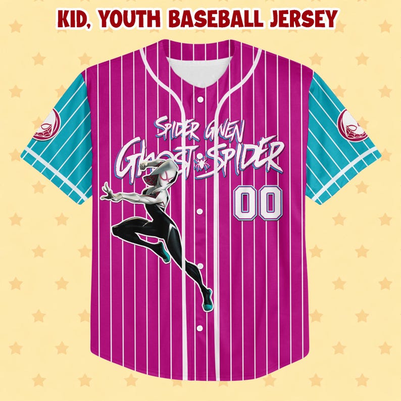 Puede incluir: Una camiseta de b&eacute;isbol magenta y blanca con rayas verticales, con un gr&aacute;fico de Spider-Gwen. La camiseta tiene mangas turquesas con rayas blancas y un cuello blanco. El n&uacute;mero "00" est&aacute; en la parte delantera. El texto "KID, YOUTH BASEBALL JERSEY" est&aacute; en la parte superior.