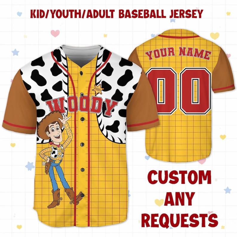 May include: A yellow baseball jersey with a grid pattern, brown sleeves, and a white and black cow-print yoke. The jersey features a cartoon image of Woody, the word "WOODY", and the text "KID/YOUTH/ADULT BASEBALL JERSEY". The back has the text "YOUR NAME" and the number "00".