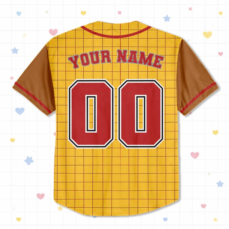 May include: A yellow baseball jersey with brown sleeves and red trim. The back features the text "YOUR NAME" above the number "00" in red with a white outline. The jersey has a grid pattern.