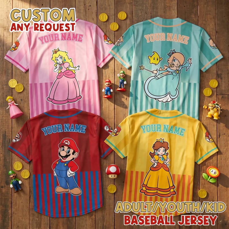 May include: Four short-sleeved baseball jerseys featuring vertical stripes and character graphics. The pink jersey shows Princess Peach, the teal shows Rosalina, the red shows Mario, and the yellow shows Princess Daisy. Each includes the text YOUR NAME.