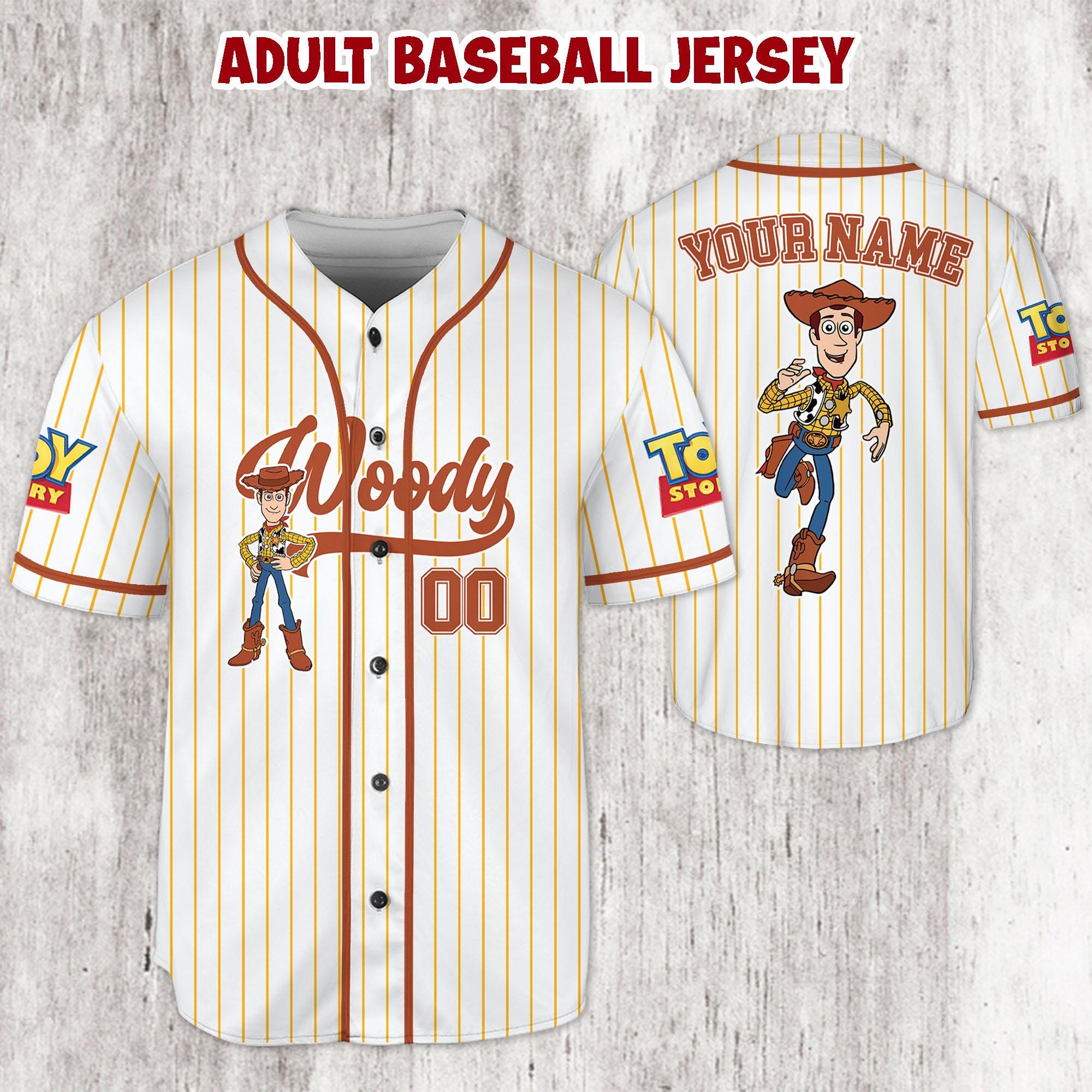 Discover Personalized Woody Toy Story Baseball Jersey, Red Pinstripe Kids Shirt, Birthday Boy Vacation Outfit