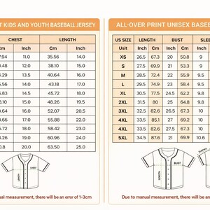 Puede incluir: Tablas de tallas detalladas para camisetas de b&eacute;isbol con estampado integral, incluyendo tallas para ni&ntilde;os, j&oacute;venes y unisex. Medidas en cm y pulgadas para pecho, largo, manga y hombro. Incluye diagramas de camisetas.