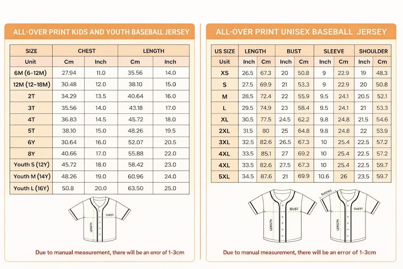 Puede incluir: Tablas de tallas detalladas para camisetas de b&eacute;isbol con estampado integral, incluyendo tallas para ni&ntilde;os, j&oacute;venes y unisex. Medidas en cm y pulgadas para pecho, largo, manga y hombro. Incluye diagramas de camisetas.
