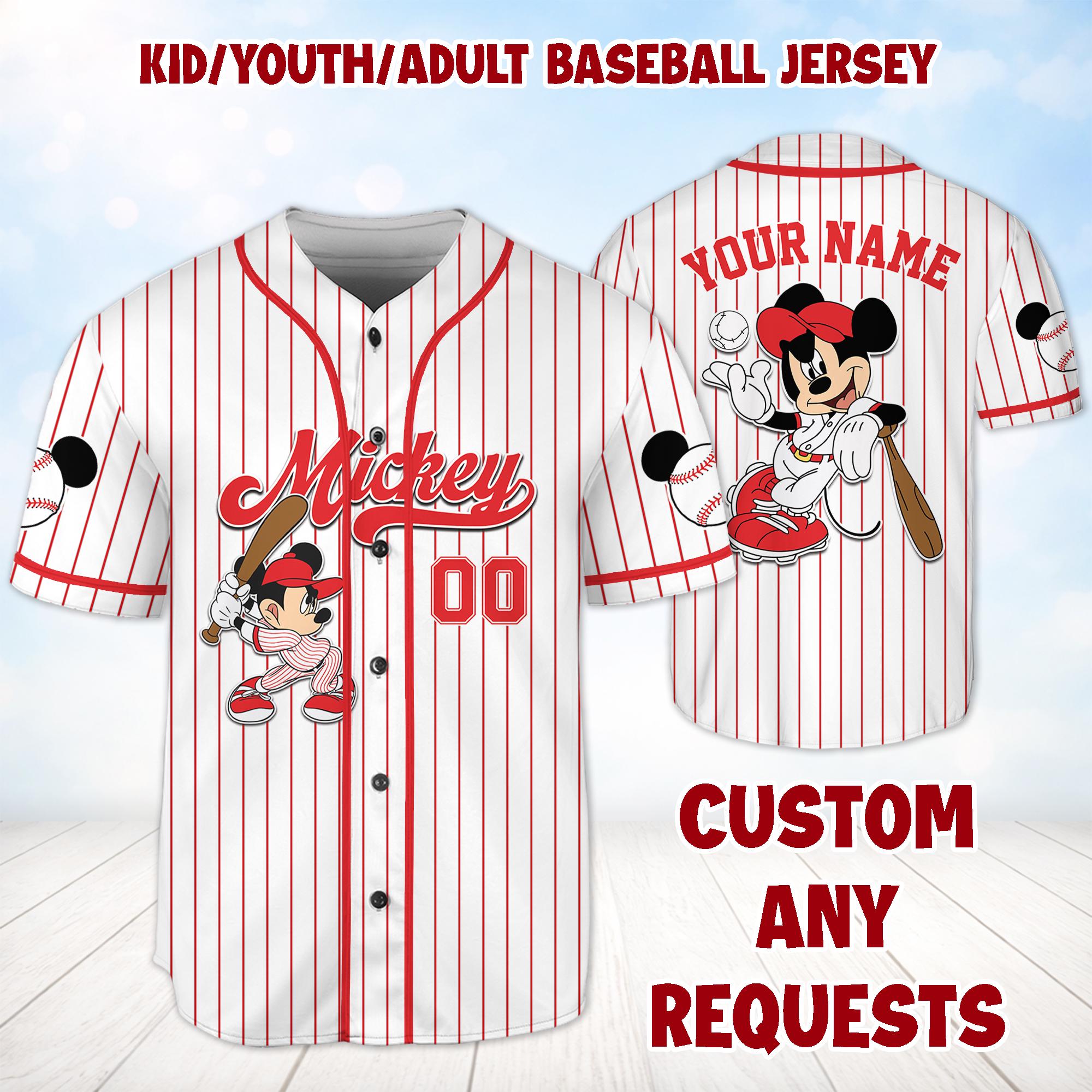 Discover Personalized Mickey & Friends Baseball Jersey, Family Matching Outfit, Kids Youth Adult Cartoon Team Shirt