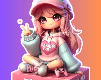 Kawaii Roblox Gamer Girl PNG, Pink Sticker (Digital Download)