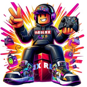 May include: A cartoon character wearing a black hoodie with the word "ROBLOX" on it, a purple and black headset, and black and white sneakers. The character is sitting on a red box with the word "ROBLOX" on it. The character is holding a video game controller in their right hand and giving a peace sign with their left hand. The background is a colorful explosion of pink, yellow, and orange.