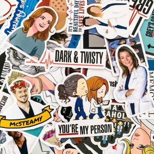 100 adesivos aleatórios de anatomia cinza, adesivos de programas de TV à prova d'água, adesivos decorativos com tema médico, pacote de adesivos para diário e laptop
