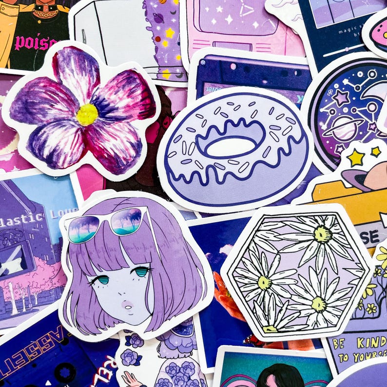 Purple Sticker Design 50 Random Purple Aesthetic Stickers, Galaxy and Retro Anime Stickers ...