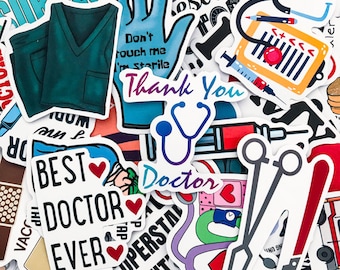 50 pegatinas médicas aleatorias: pegatinas de cirujanos y enfermeras, pegatinas de equipos médicos, pegatinas sanitarias para hospitales y facultades de medicina.