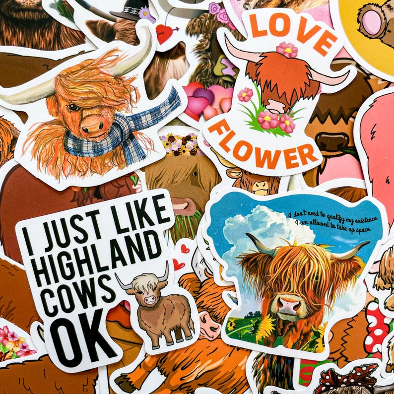 Pu&ograve; includere: Una collezione di adesivi colorati con mucche delle Highlands. Gli adesivi hanno vari design, tra cui una mucca con una sciarpa, una mucca con fiori e una mucca con il testo "Mi piacciono le mucche delle Highlands OK".