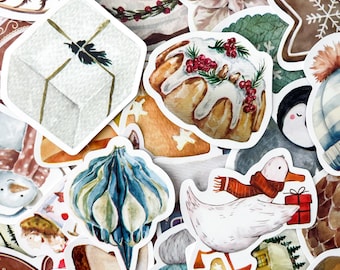 50 stuks stickers met kerstthema, stickers voor feestdagen, stickers met schattige dieren, aquarelstickers voor waterflessen, laptops, knutselen
