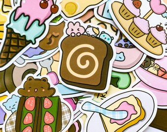 May include: A collection of colorful stickers featuring various food items, including ice cream, bread, cake, and fruit. The stickers are designed in a cartoon style and are perfect for adding a touch of whimsy to any project.