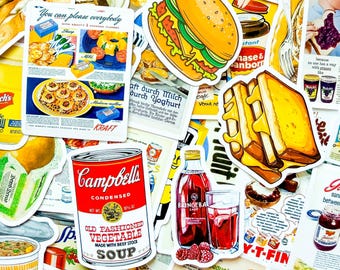 May include: A collection of food-themed stickers featuring a Campbell's Old Fashioned Vegetable soup can, a grilled cheese sandwich, a burger, a bottle of Bringeba juice, and a vintage Kraft advertisement with various food illustrations.