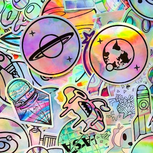 50PCS Retro Cosmic Alien Stickers Pack, Holographic UFO Stickers, Space Planet Graffiti Stickers for Luggage, Skateboard, Water Bottle