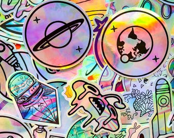 50 STKS Retro Cosmic Alien Stickers Pack, Holografische UFO-stickers, Space Planet Graffiti Stickers voor bagage, skateboard, bidon