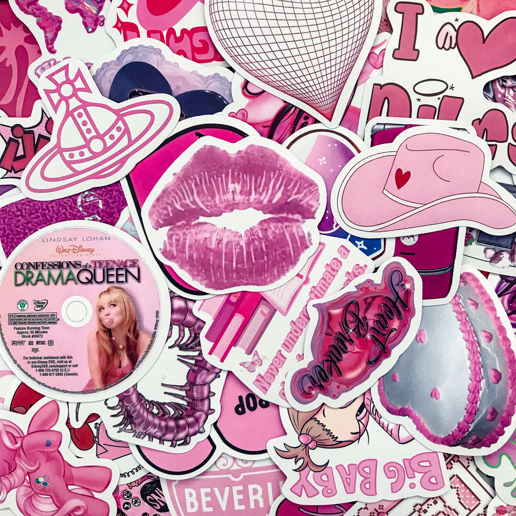 50 Random Pink Stickers, Cute Pink Heart Stickers, Retro Pop Culture ...