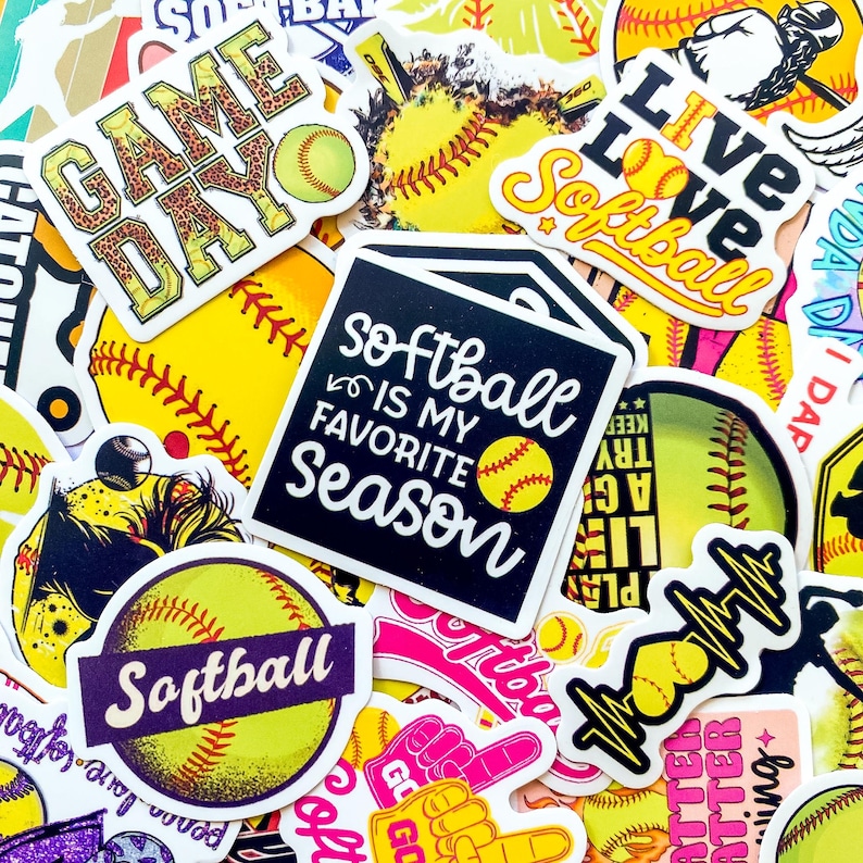 Sofball Ribbon Sticker 50PCS Retro Softball Stickers Pack, Sporty Decor Stickers, Colorful ...