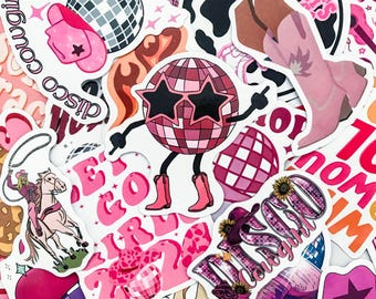 100 Random Disco Cowgirl Stickers, Pink Retro Western-Themed Stickers, Cute Glittery Cowboy Hat and Boots Stickers Pack for Guitar, Luggage