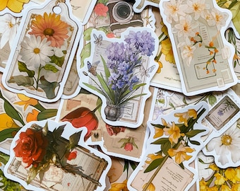 50 Random Vintage Flower Stickers, Aesthetic Floral Stickers, Plant Stickers, Waterproof Stickers for Journal, Scrapbook and DIY Crafts