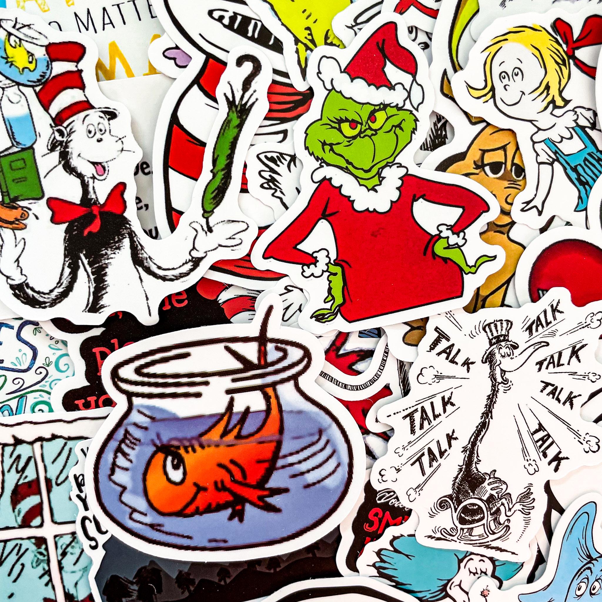 100 Random Dr. Seuss Stickers, The Grinch Stickers, Cat in the Hat Stickers, Fun Quotes, Cute Stickers Pack for Kids, Journal, and Scrapbook