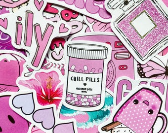 100 Random Cute Pink Stickers, Fun Trendy Stickers, Kawaii Aesthetic Stickers, Water Bottle Stickers, Scrapbook Stickers, Pastel Sticker Set