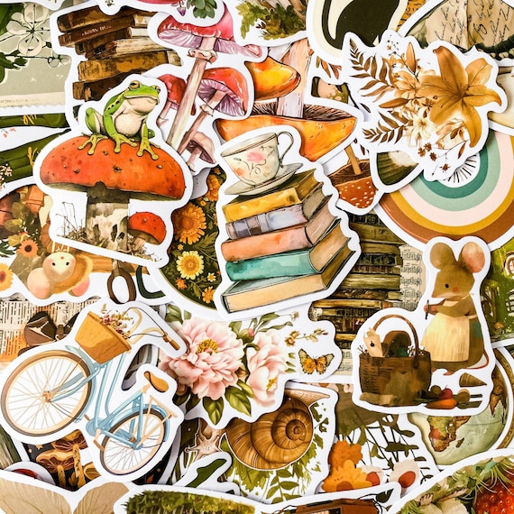 50 Random Retro Nature Stickers, Botanical Stickers, Vintage Floral Stickers, Artistic Waterproof Stickers for Kindle, Scrapbook, Laptop