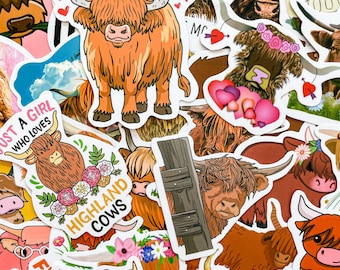 100 Random Highland Cow Stickers, Scottish Highland Cattle Stickers, Cute Farm Animal Stickers, Pastoral Stickers for Scrapbook and Journal