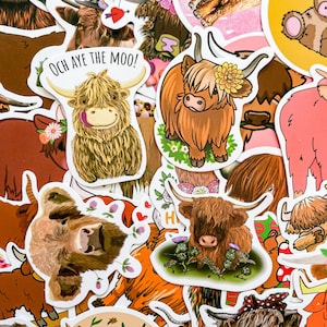 Pu&ograve; includere: Una collezione di adesivi colorati con illustrazioni di mucche delle Highlands. Gli adesivi hanno vari design, tra cui mucche con fiori, mucche con testo e mucche con cuori. Il testo su un adesivo recita "Och Aye The Moo!"