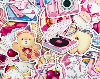 50 Random Pink Aesthetic Stickers, Y2K Girly Stickers, Vintage Romance Stickers, Waterproof Stickers Pack for Journal, Scrapbook,DIY Crafts