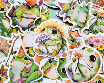 100 Adorable Frog-Themed Stickers, Kawaii Waterproof Stickers, Nature Fantasy Stickers, Hand-Drawn Frog Stickers, Frog Fairy Tale Stickers