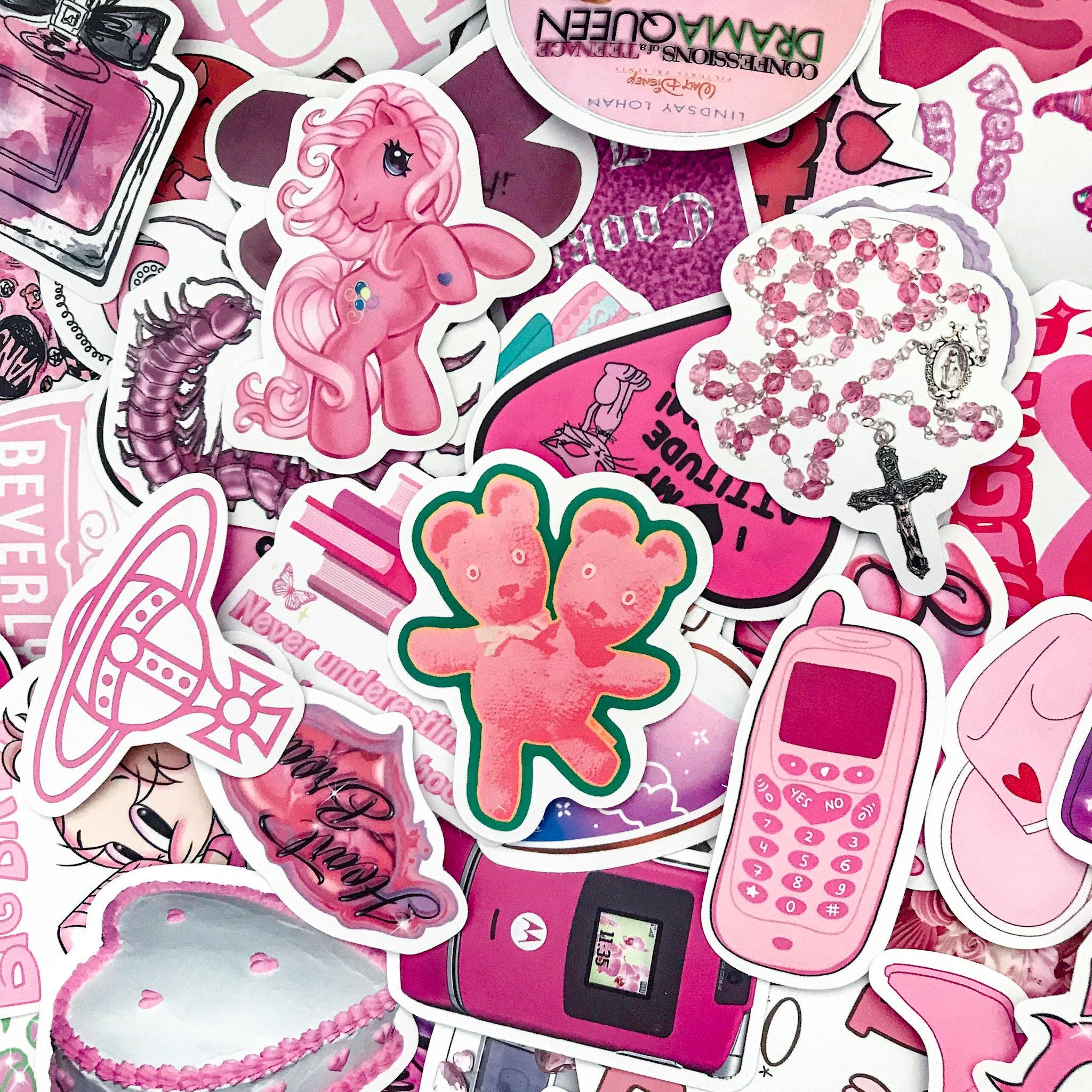 50 Random Pink Stickers, Cute Pink Heart Stickers, Retro Pop Culture ...
