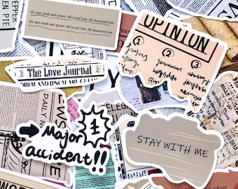 50 Random Vinyl Stickers, Aesthetic Newspaper-Themed, Waterproof Book Stickers, Vintage Journal Stickers, Retro Scrapbooking Decor