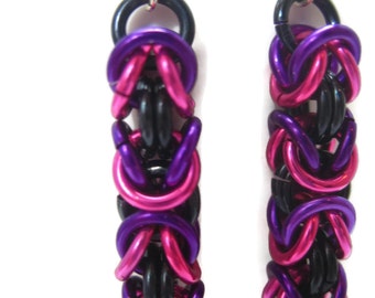 Purple Pink and Black Byzantine Chainmaille Earrings