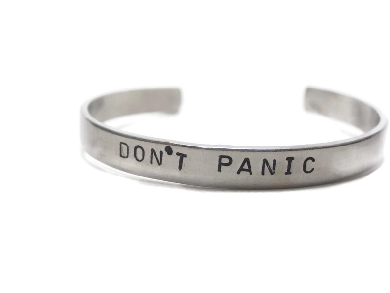 Don't Panic Customizable Hand Stamped Metal Cuff Bracelet image 1