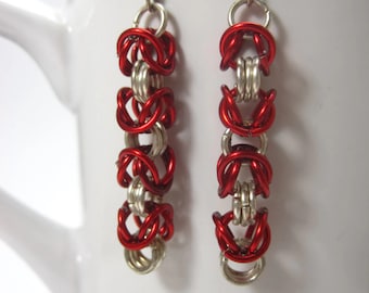 Red and Silver Byzantine Chainmaille Earrings